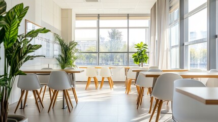 Bright office canteen at a business center, light-colored decor, with clear windows creating a fresh, airy feel.