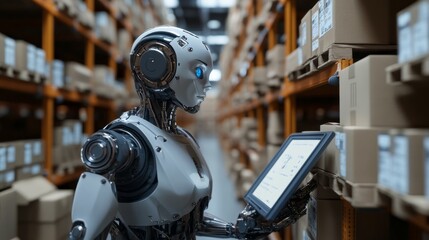 Fototapeta premium A robot is standing in a warehouse and holding a tablet