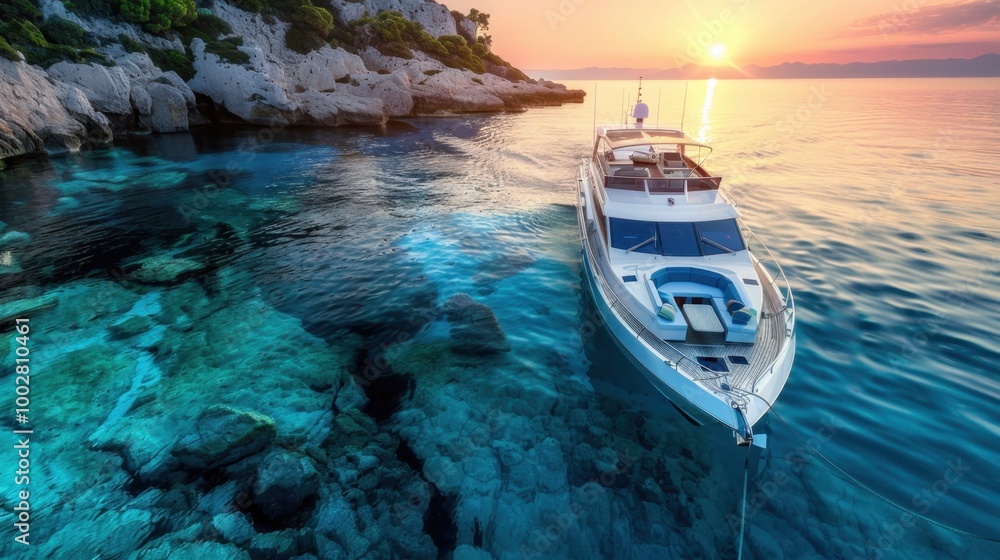 Wall mural Serene Sunset Over Luxury Yacht in Calm Waters