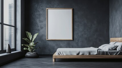 Mock up frame in a sleek, modern bedroom with no decorations, only a natural wooden bed frame and charcoal grey walls, 3D render