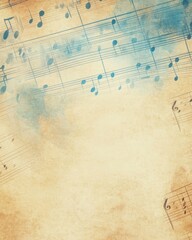 Artistic background featuring musical notes on vintage beige paper with watercolor accents