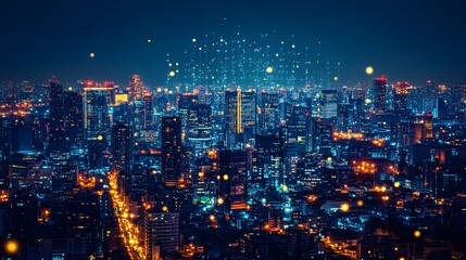 Fototapeta premium Futuristic Smart City Skyline Powered by Renewable AI Driven Energy at Night