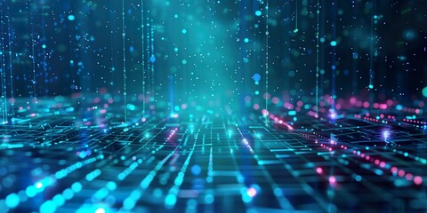 Fototapeta premium Abstract digital landscape with glowing lines and particles in blue and purple, representing data flow and technology