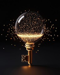 A stunning golden key encapsulated within a sparkling orb, symbolizing the unlocking of ideas and creativity.
