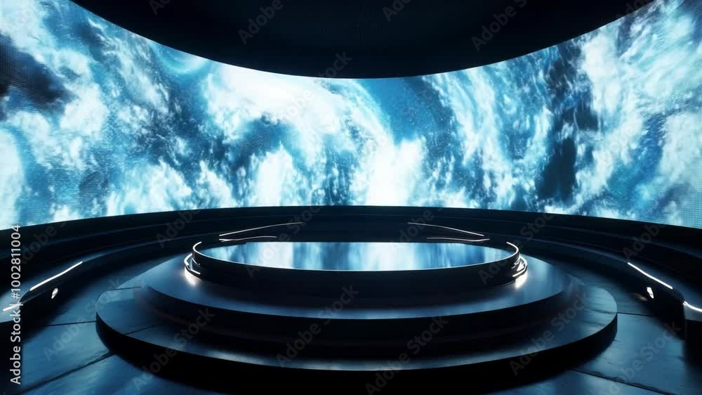 Poster a futuristic stage design with curved screens showcasing cloud patterns for immersive presentations
