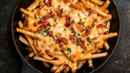 Overhead view of French fries with melted cheese and bacon bits, served in a black skillet.