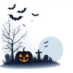 A Halloween illustration featuring a graveyard and a pumpkin with jack-o'-lantern features, set against a glowing moon and silhouettes of bats in flight. White background with copy space.