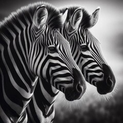 Fototapeta premium A close-up view of two zebras, showcasing their black and white stripes. Generated by AI.