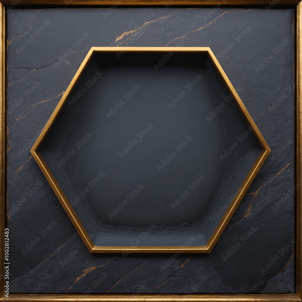 Poster geometric, hexagonal gold frame set against a textured dark stone backdrop. the sleek design contras
