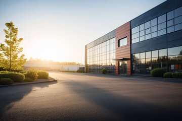 Modern office building exterior with large glass windows reflecting sunlight during sunrise. Empty...