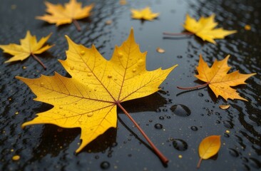 yellow maple leaf lies on the asphalt in the rain. Autumn