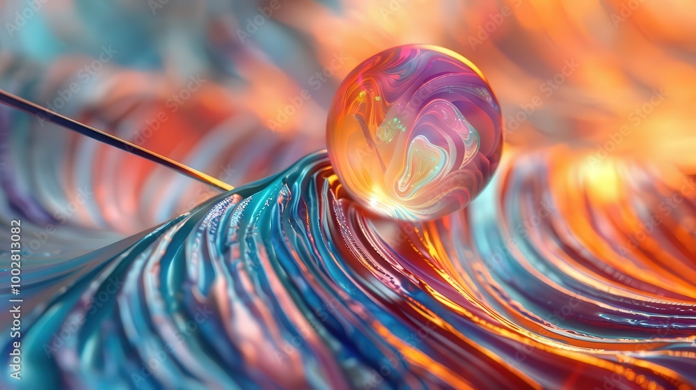 Poster a vibrant macro image showcasing a glass orb resting on colorful swirls, reflecting light with an en