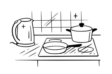Stove with frying pan and saucepan. Kitchen line