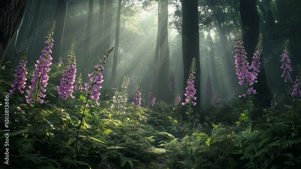 Poster sunlight filters through trees illuminating blooming foxgloves in a serene forest setting during ear