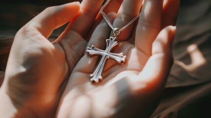 Silver Cross Necklace in Hand with Soft Lighting