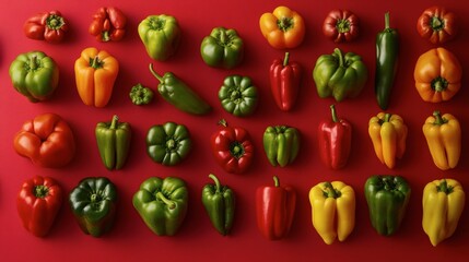 Paprikas of various sizes and colors on a vibrant red background, emphasizing the diversity and freshness of the produce.