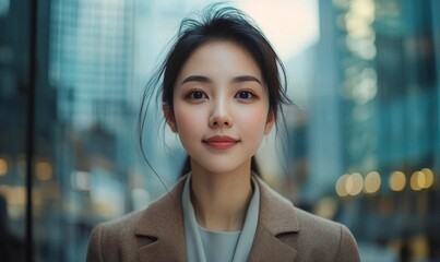 Naklejka premium Young asian businesswoman commuting to work outside modern office building, Generative AI