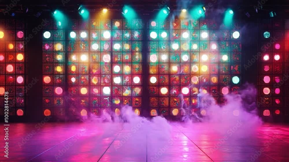 Poster vibrant disco dance floor setup with colorful lights and fog creating a dynamic atmosphere for livel