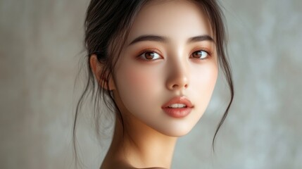 Naklejka premium Portrait of a beautiful Asian woman with glowing skin, posing for a skincare advertisement.