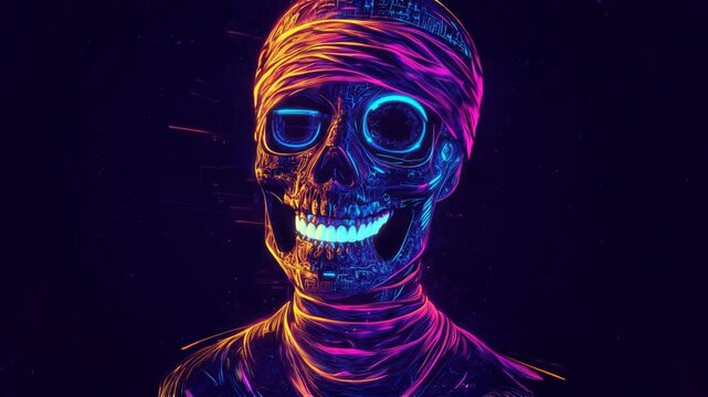 A dancing skeleton glowing noen lights 