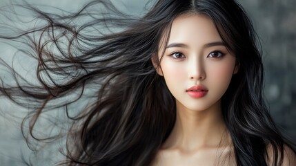 Naklejka premium Portrait of a beautiful Asian woman with glowing skin, posing for a skincare advertisement.