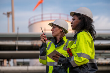 Engineers wearing safety gear, including hard hats examining survey a large blueprint tablet...