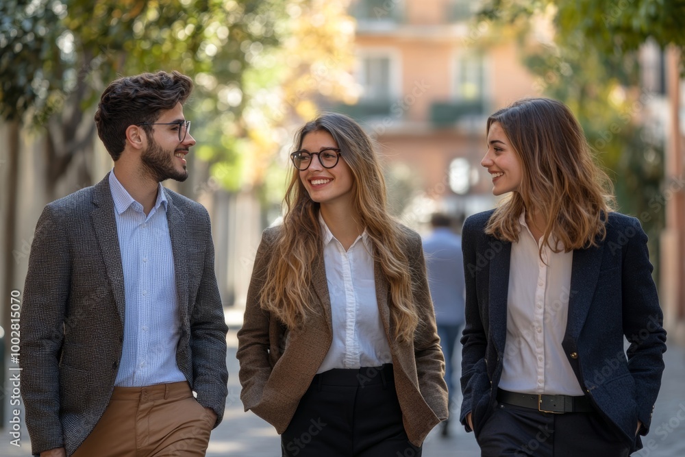 Wall mural Three young business people talking to each other while walking outdoors, Generative AI