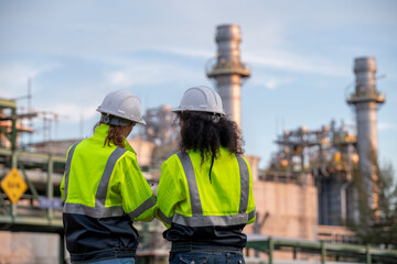 Engineers wearing safety gear, including hard hats examining survey a large blueprint tablet standing industrial facility gas or oil refinery engaged in a job requires high safety standards concept