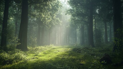 Obraz premium A misty forest scene at daybreak, with diffused light gently filtering through the thick canopy