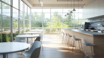 Light-colored office canteen in a business setting, bright with natural light from large clear windows.