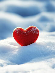 Fototapeta premium A red heart is sitting on top of the snow. The heart is surrounded by a white blanket of snow. Concept of love and warmth.