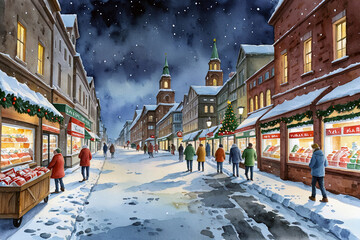 Fototapeta premium Christmas shopping town center at winter day.Holiday fair, xmas market at night,town square with people. People walking and buying gifts in rush. Watercolor Painting
