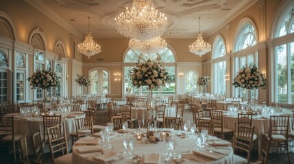 Luxurious reception hall featuring majestic chandeliers, elegantly arranged tables, and large clear windows for natural light.
