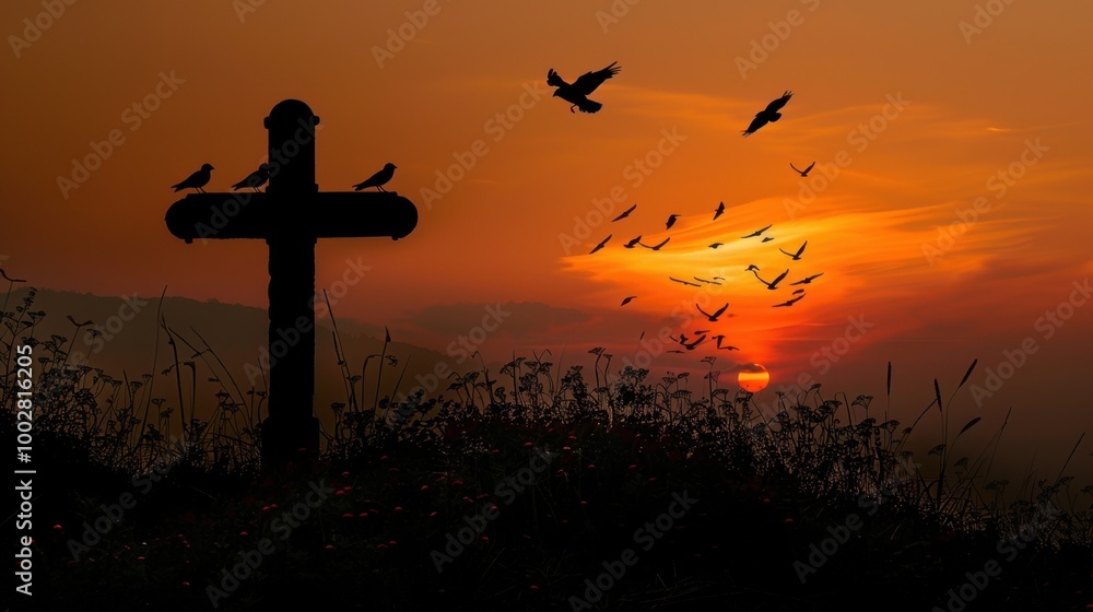 Wall mural Silhouette of Cross Against a Colorful Sunset Sky