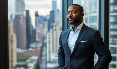 Thoughtful African-American Businessman in a Perfect Tailored Suit Standing in His Office Looking out of the Window on Big City. Successful Investment, Generative AI