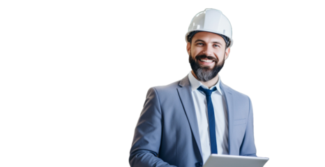 Сivil engineer operate with tablet to control working at construction on transparent background PNG. 
