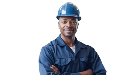 African American male engineer in uniform smiling and standing on transparent background PNG. 

