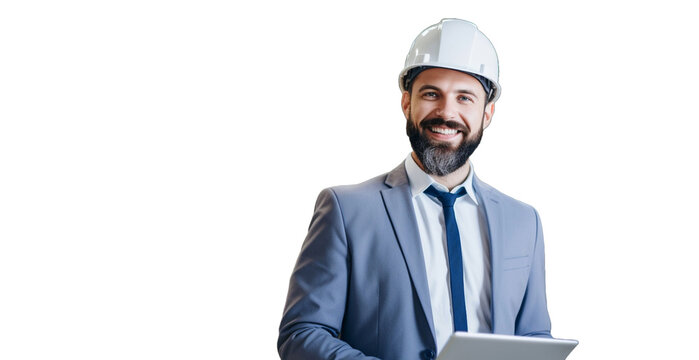 Сivil engineer operate with tablet to control working at construction on transparent background PNG. 
