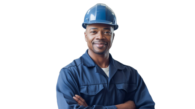African American male engineer in uniform smiling and standing on transparent background PNG. 

