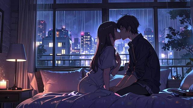 A romantic moment between an Asian couple in their twenties shared in a cozy bedroom setting, illuminated by the glow of the city skyline at night.