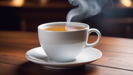 Fototapeta premium Coffee Cup, Mug. Close-up natural steam smoke of coffee from hot coffee cup on old wooden table in morning warm sunshine flare, outdoor view background. Concept hot drink, espresso, breakfast