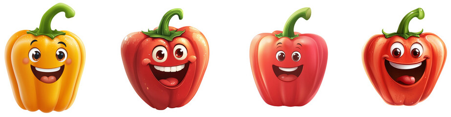 Cheerful Cartoon Peppers with Smiling Faces, isolated on transparent background.
