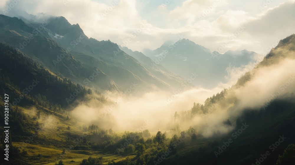 Poster a serene spring morning unfolds in the mountains as soft sunlight breaks through the mist, creating 