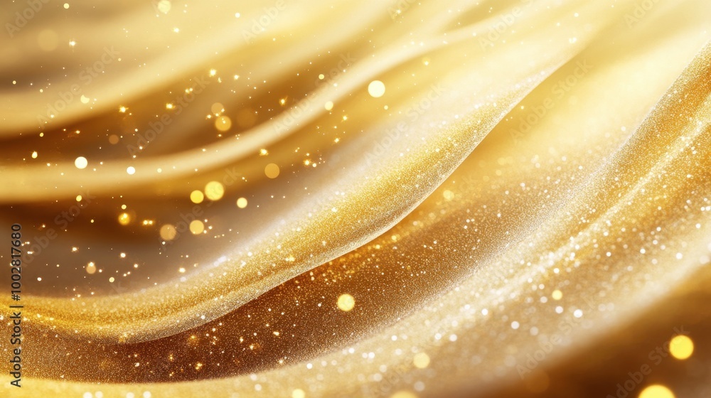 Poster soft, flowing golden waves with a sparkling finish, creating an elegant and luxurious backdrop.