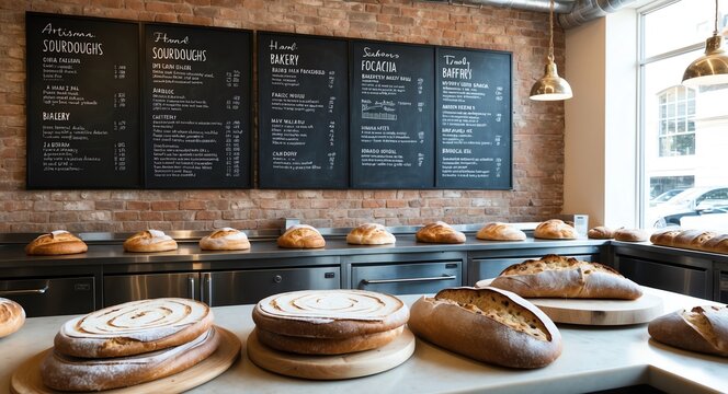 Artisanal bakery with hand crafted sourdoughs and focaccia surrounded by a stylish brick wall and chalkboard menu backdrop