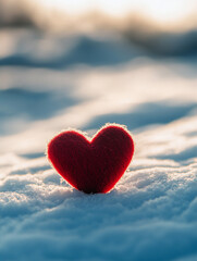 Fototapeta premium A red heart is sitting on top of the snow. The heart is surrounded by a white blanket of snow. Concept of love and warmth.