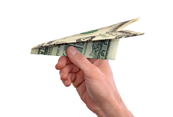 Hand hold one dollar bill air plane isolated on transparent layered background.