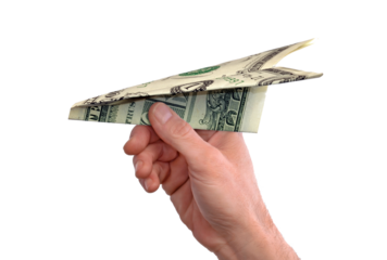 Hand hold one dollar bill air plane isolated on transparent layered background.