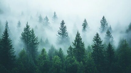 Fototapeta premium Tall pine trees rise majestically through the dense fog of a mystical forest, evoking a sense of calm and mystery among nature's beauty