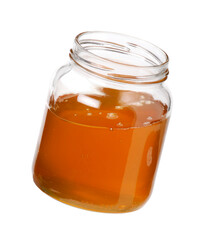 Honey glass jar isolated on transparent layered background.